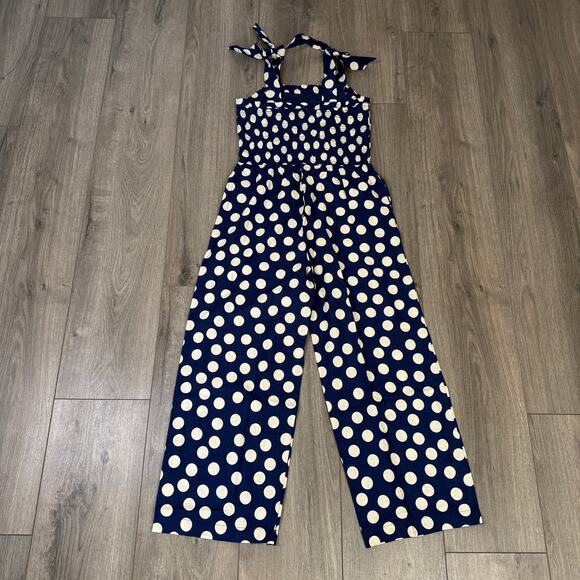 J.Crew Crewcuts Smocked Jumpsuit Girls 10 Navy White Polk Linen Blend One Piece - Picture 5 of 10